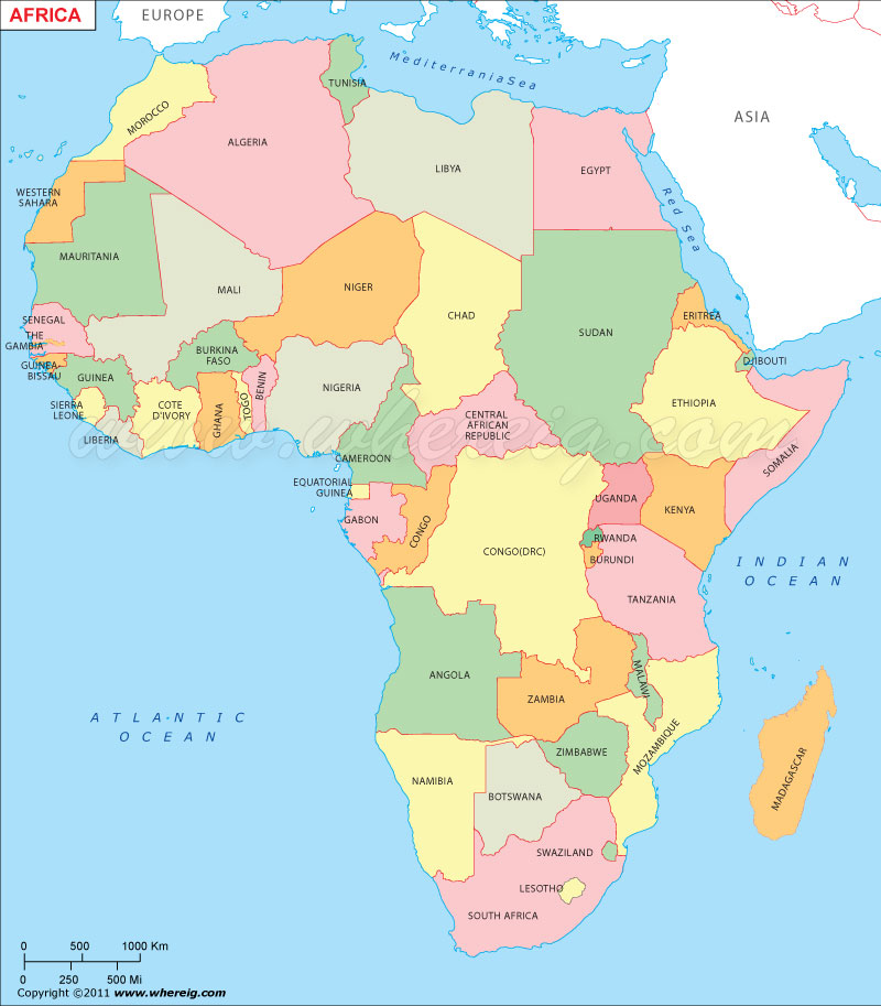 Africa Map - Map of Africa showing 54 sovereign Countries