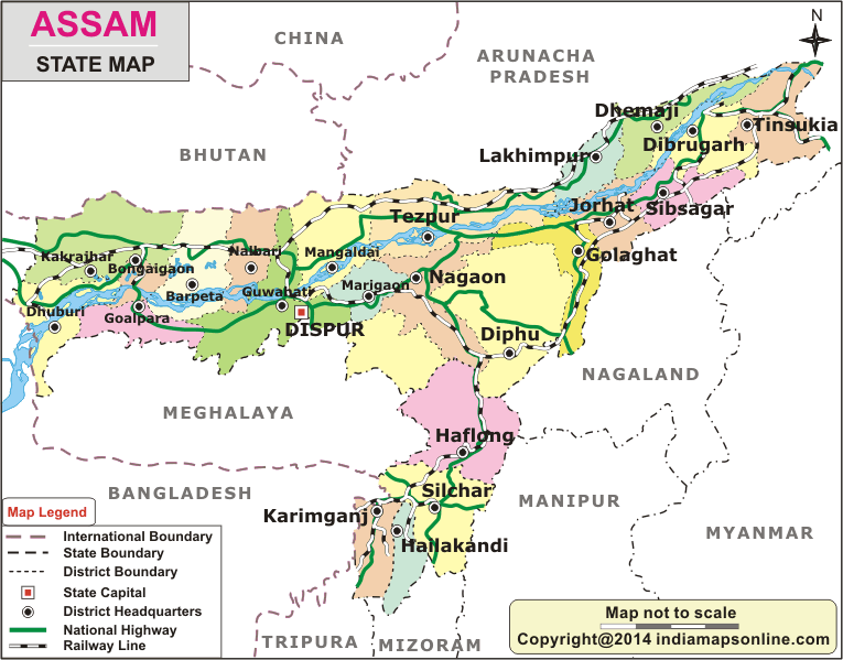 Physical Map of Assam, darken