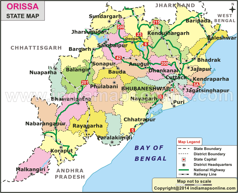 Odisha Map, State map of Odisha, India