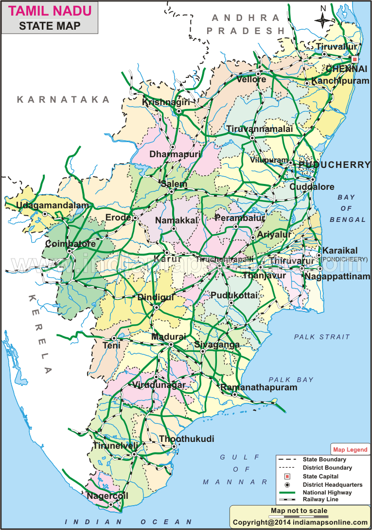 Tamil Nadu Map, State map of Tamil Nadu, India