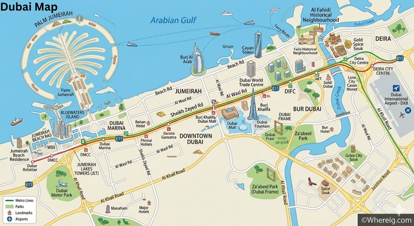 Dubai City Map showing location in the United Arab Emirates