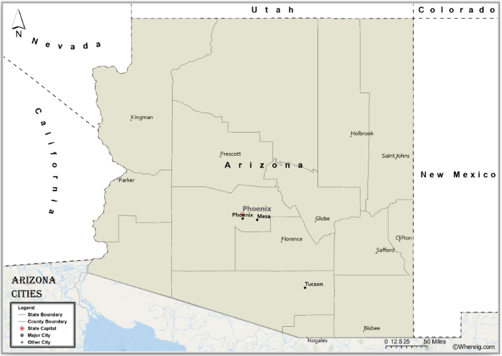 Az Map With Cities And Towns Map Of Arizona Cities, List Of Cities In Arizona By Population - Whereig.com