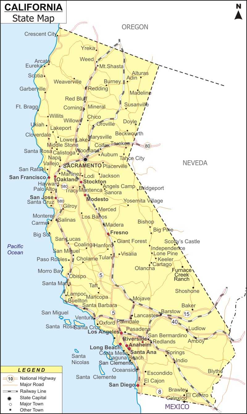 Map of California -  CA Map showing the state capital, state boundary, highways, rail network, rivers, major cities and towns.