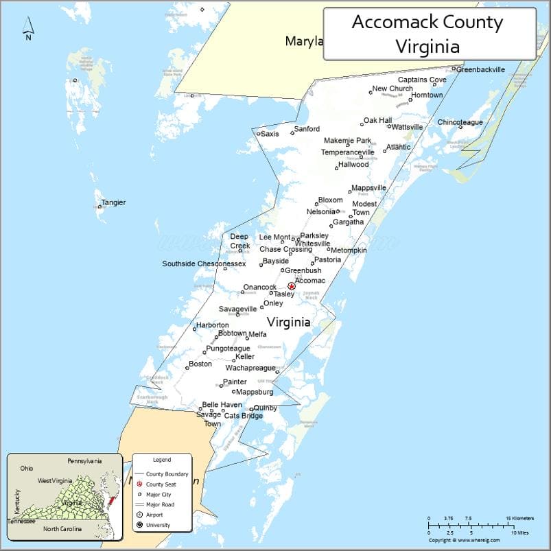 Accomack County Map, Virginia, USA