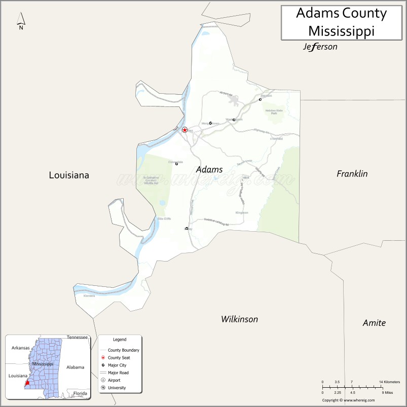 Map of Adams County, Mississippi