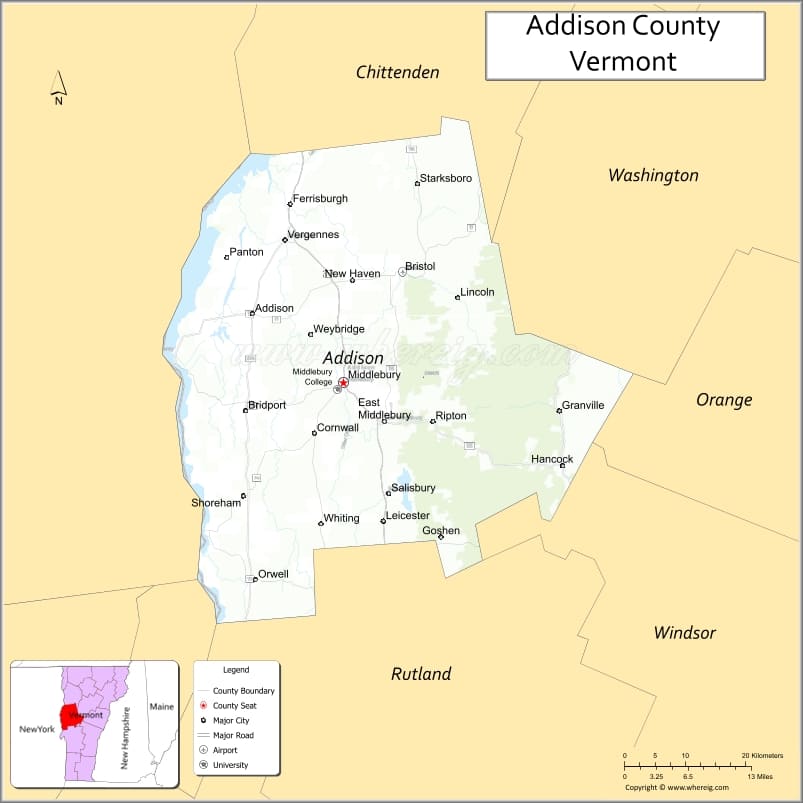 Map of Addison County, Vermont