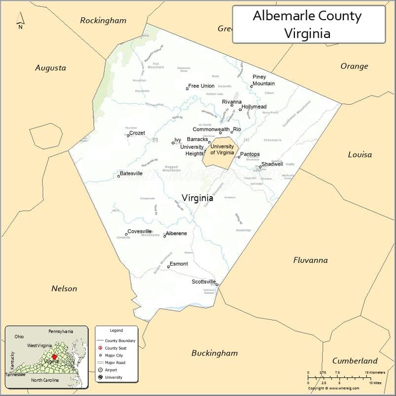Albemarle County Map, Virginia, USA