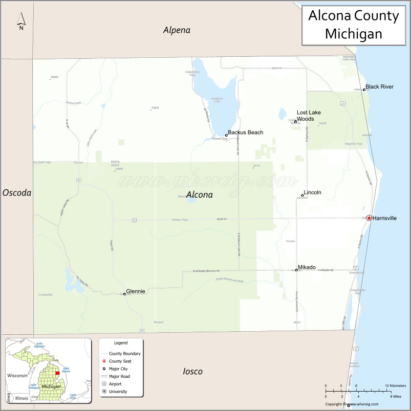 Map of Alcona County, Michigan