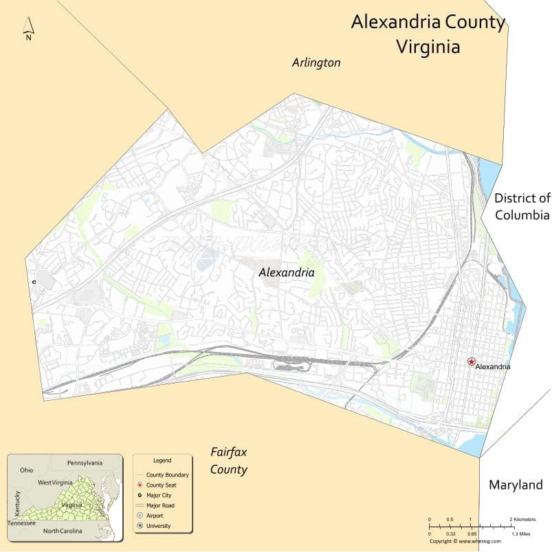 Alexandria County Map, Virginia, USA