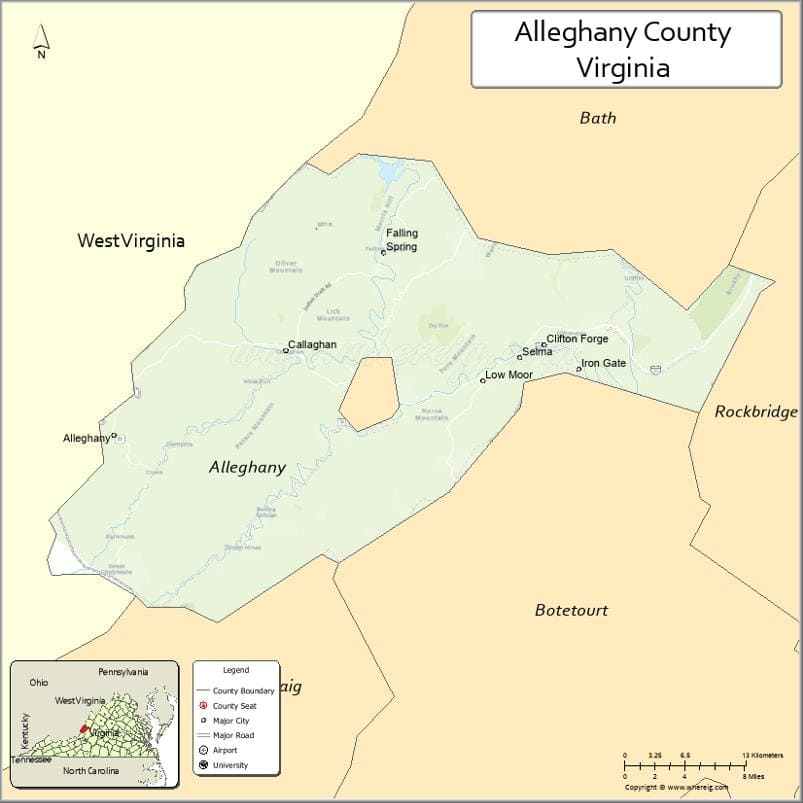 Alleghany County Map, Virginia, USA