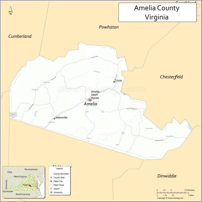 Amelia County Map, Virginia, USA