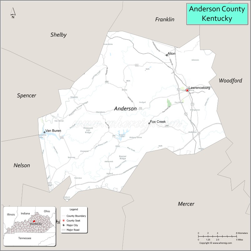 Map of Anderson County, Kentucky