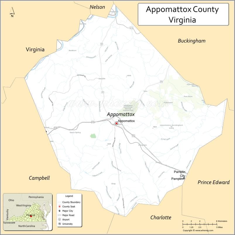 Appomattox County Map, Virginia, USA