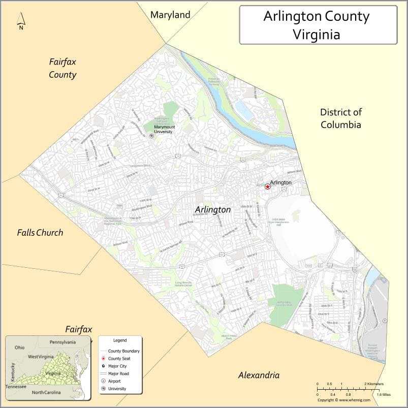 Arlington County Map, Virginia, USA