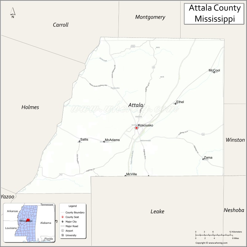 Map of Attala County, Mississippi