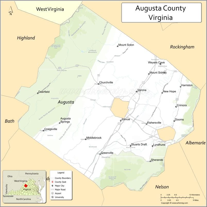 Augusta County Map, Virginia, USA