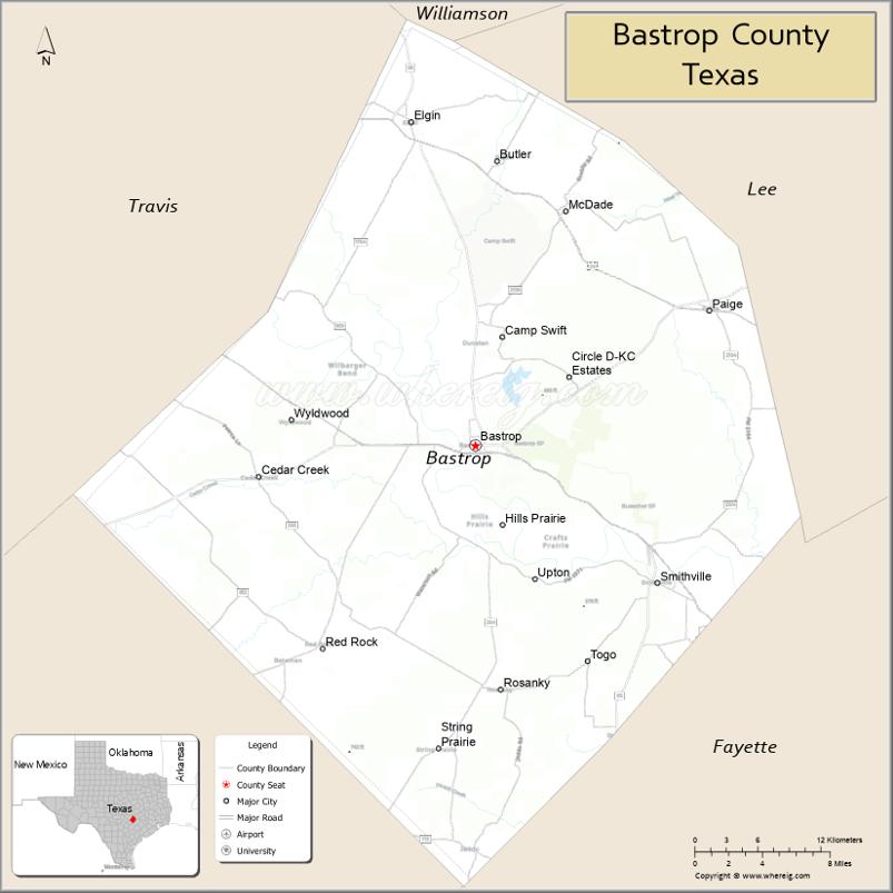 Map of Bastrop County, Texas