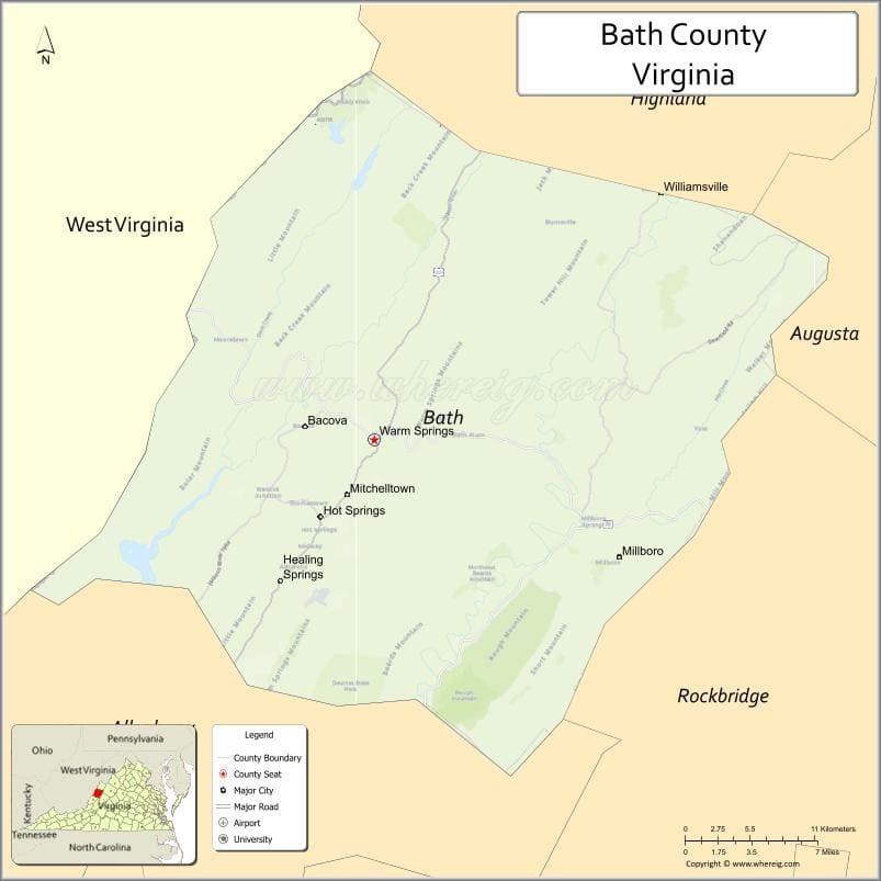 Bath County Map, Virginia, USA