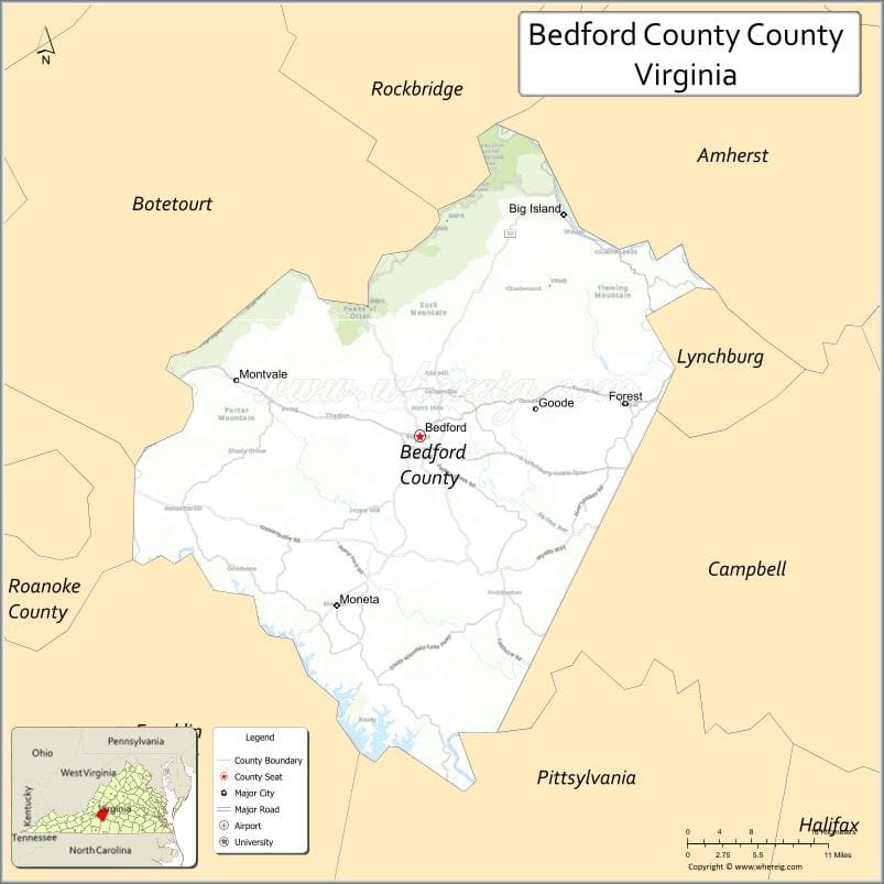 Bedford County Map, Virginia, USA
