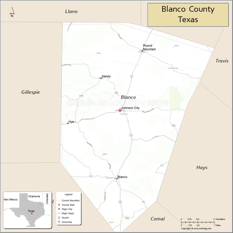 Map of Blanco County, Texas