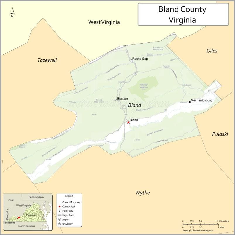 Bland County Map, Virginia, USA
