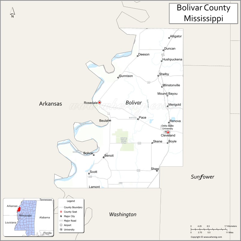 Map of Bolivar County, Mississippi