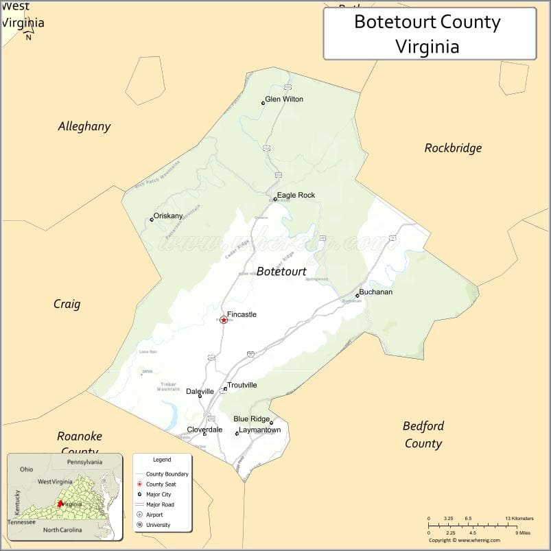 Botetourt County Map, Virginia, USA