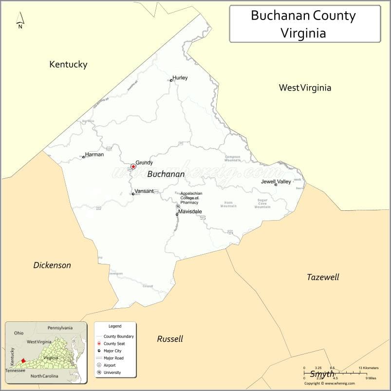 Buchanan County Map, Virginia, USA