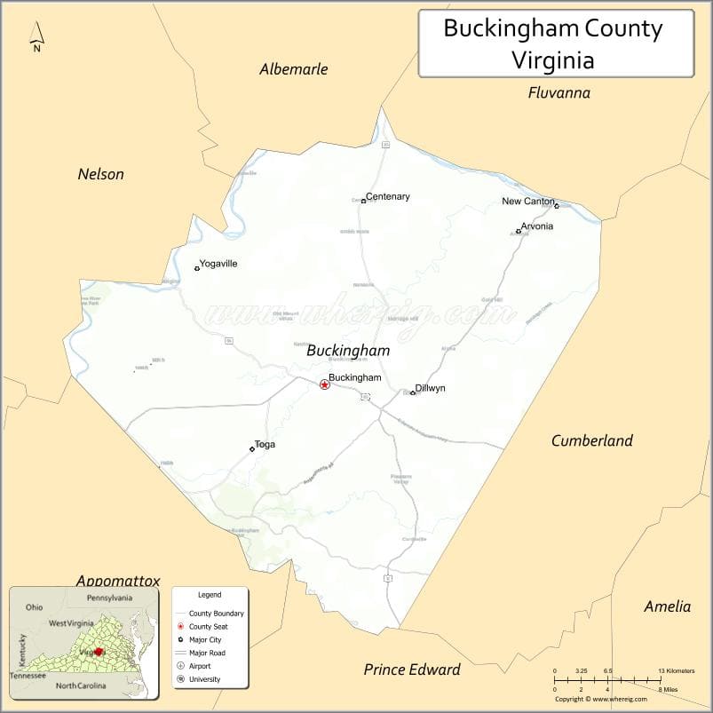 Buckingham County Map, Virginia, USA