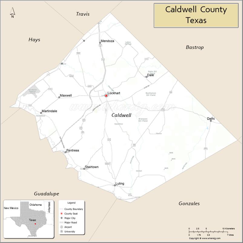 Map of Caldwell County, Texas