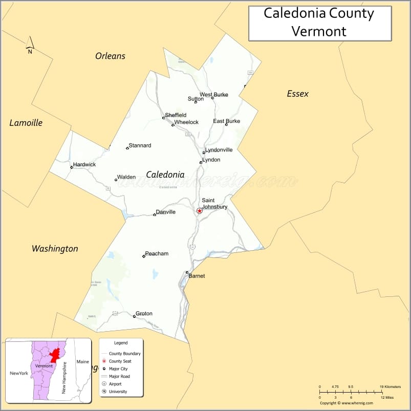 Map of Caledonia County, Vermont