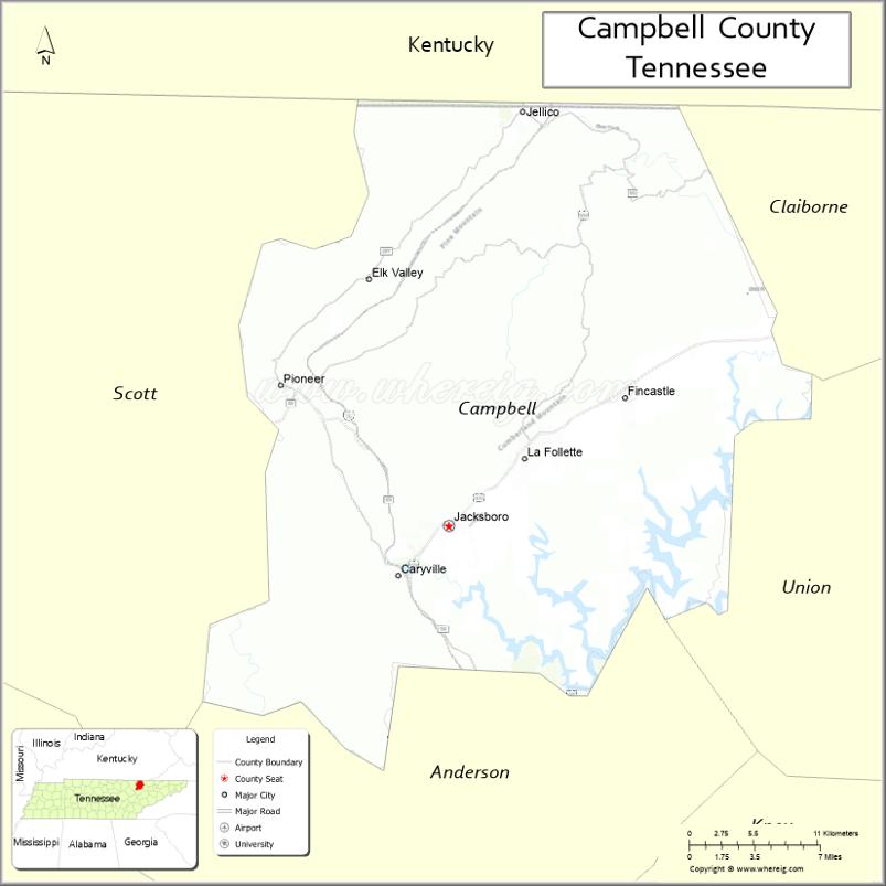 Map of Campbell County, Tennessee