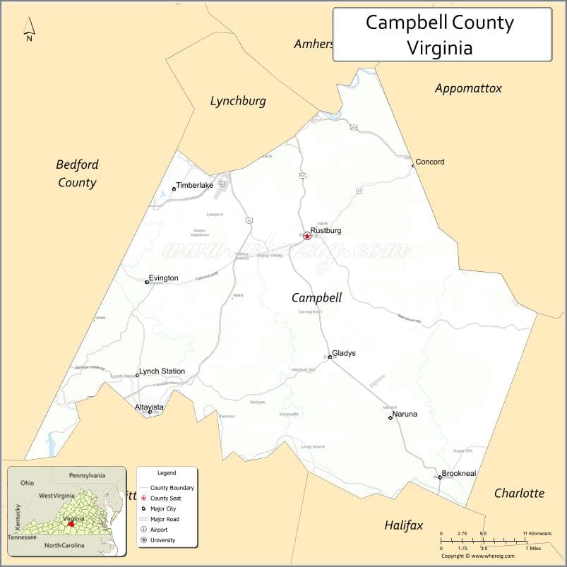 Campbell County Map, Virginia, USA