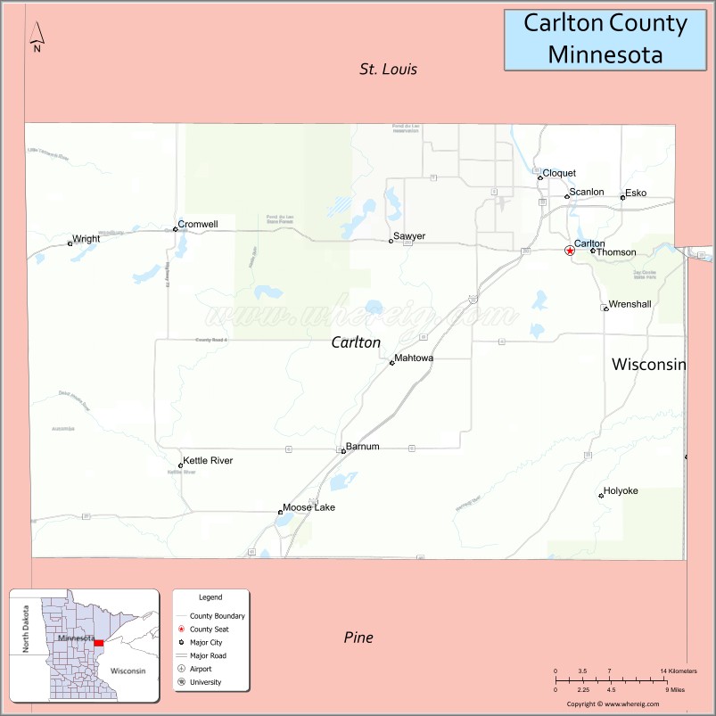 Map of Carlton County, Minnesota