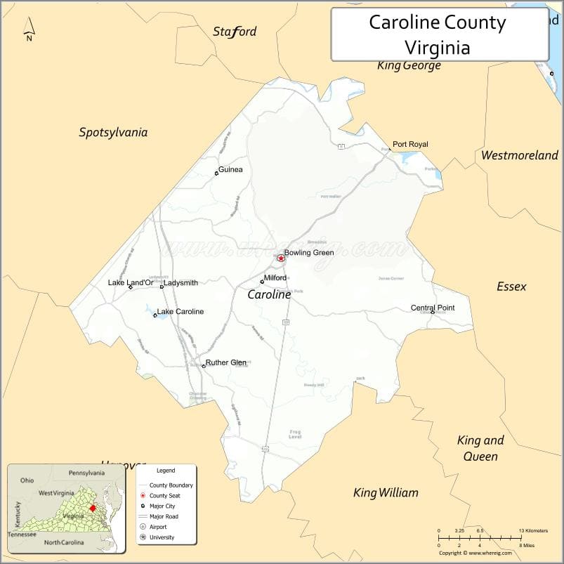 Caroline County Map, Virginia, USA