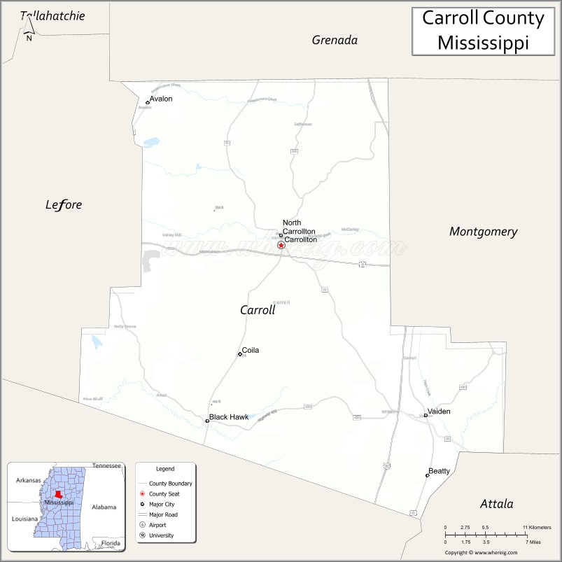 Map of Carroll County, Mississippi