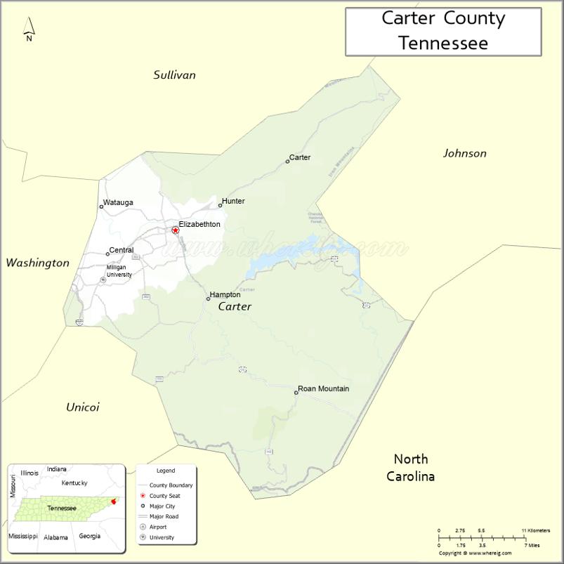 Map of Carter County, Tennessee