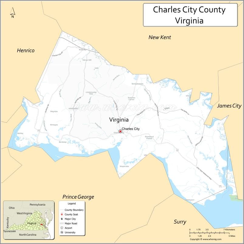 Charles City County Map, Virginia, USA