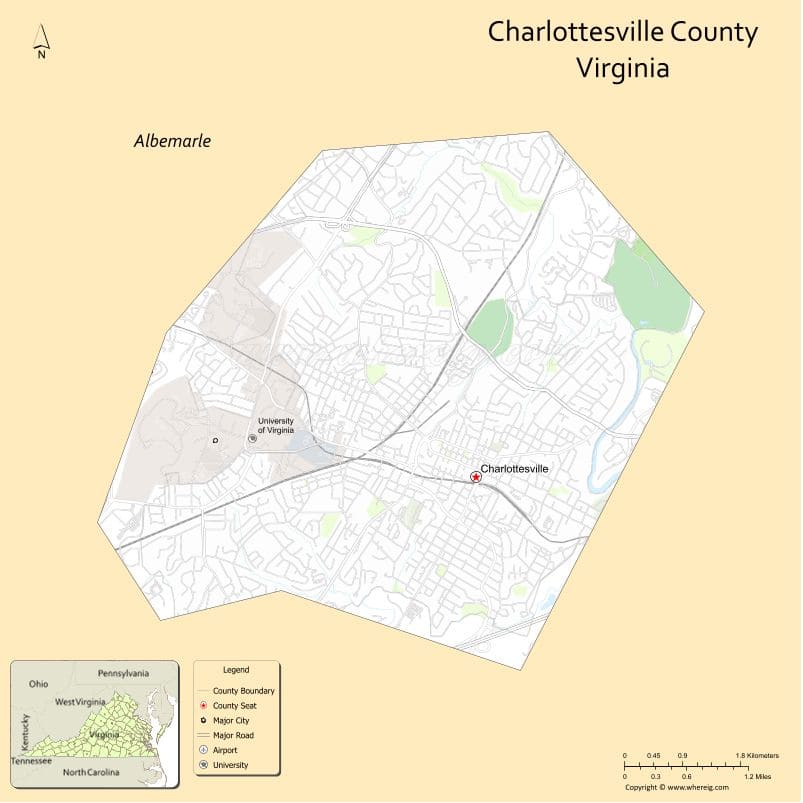 Charlottesville County Map, Virginia, USA