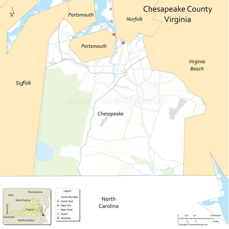 Chesapeake County Map, Virginia, USA