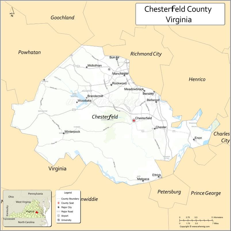 Chesterfield County Map, Virginia, USA
