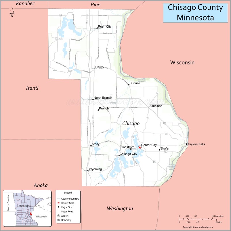 Map of Chisago County, Minnesota