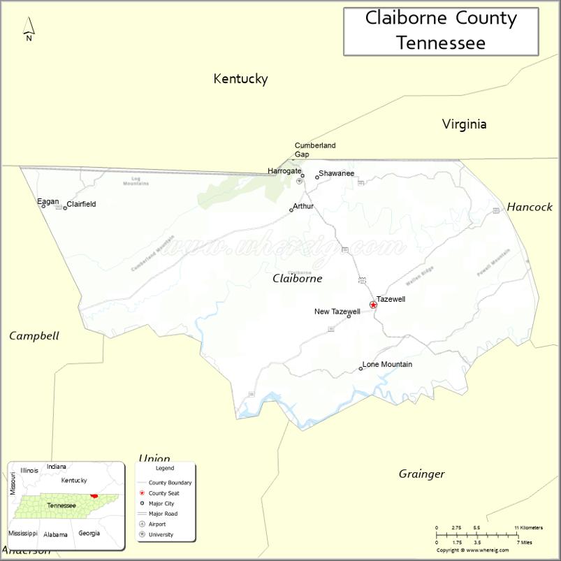 Map of Claiborne County, Tennessee