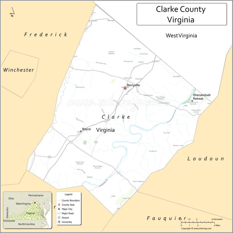 Clarke County Map, Virginia, USA