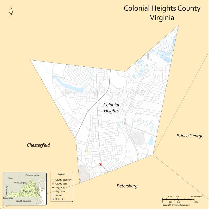 Colonial Heights County Map, Virginia, USA
