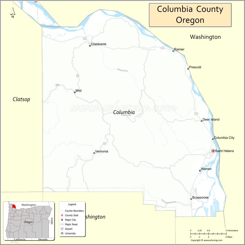 Map of Columbia County, Oregon