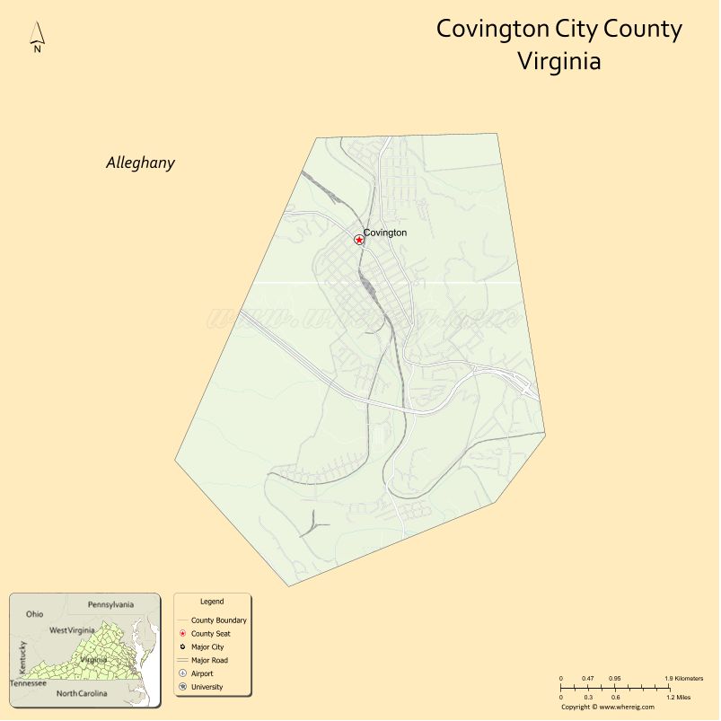 Covington County Map, Virginia, USA