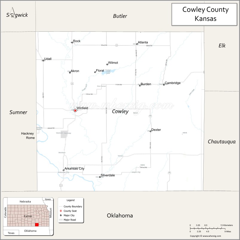 Map of Cowley County, Kansas