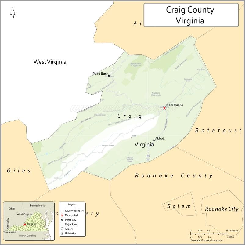 Craig County Map, Virginia, USA
