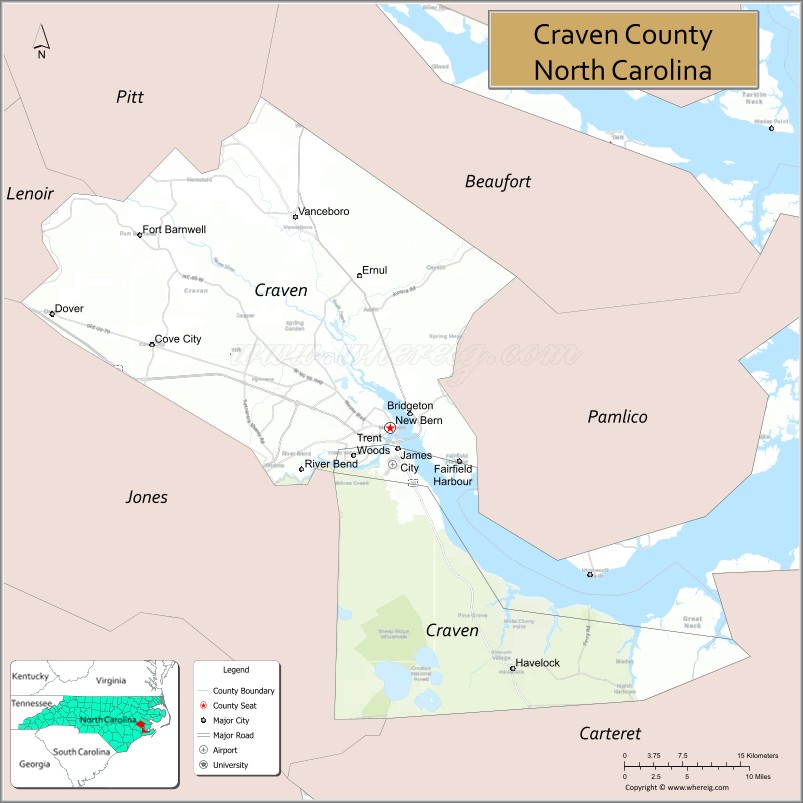 Map of Craven County, North Carolina